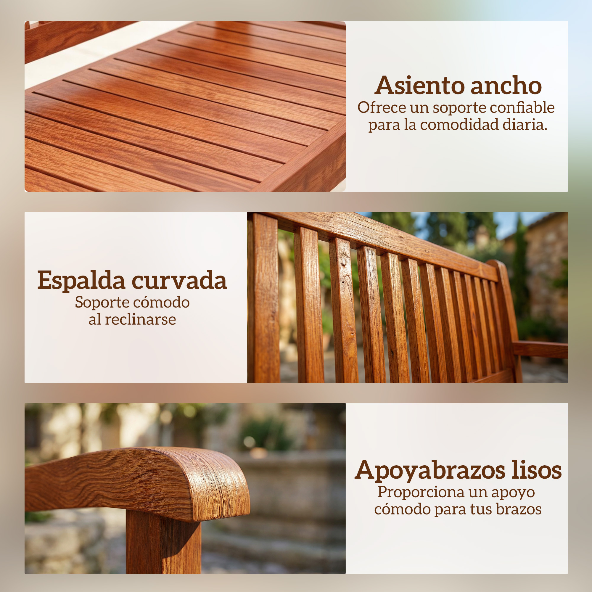 Asiento ancho, respaldo curvo y reposabrazos lisos de madera.
