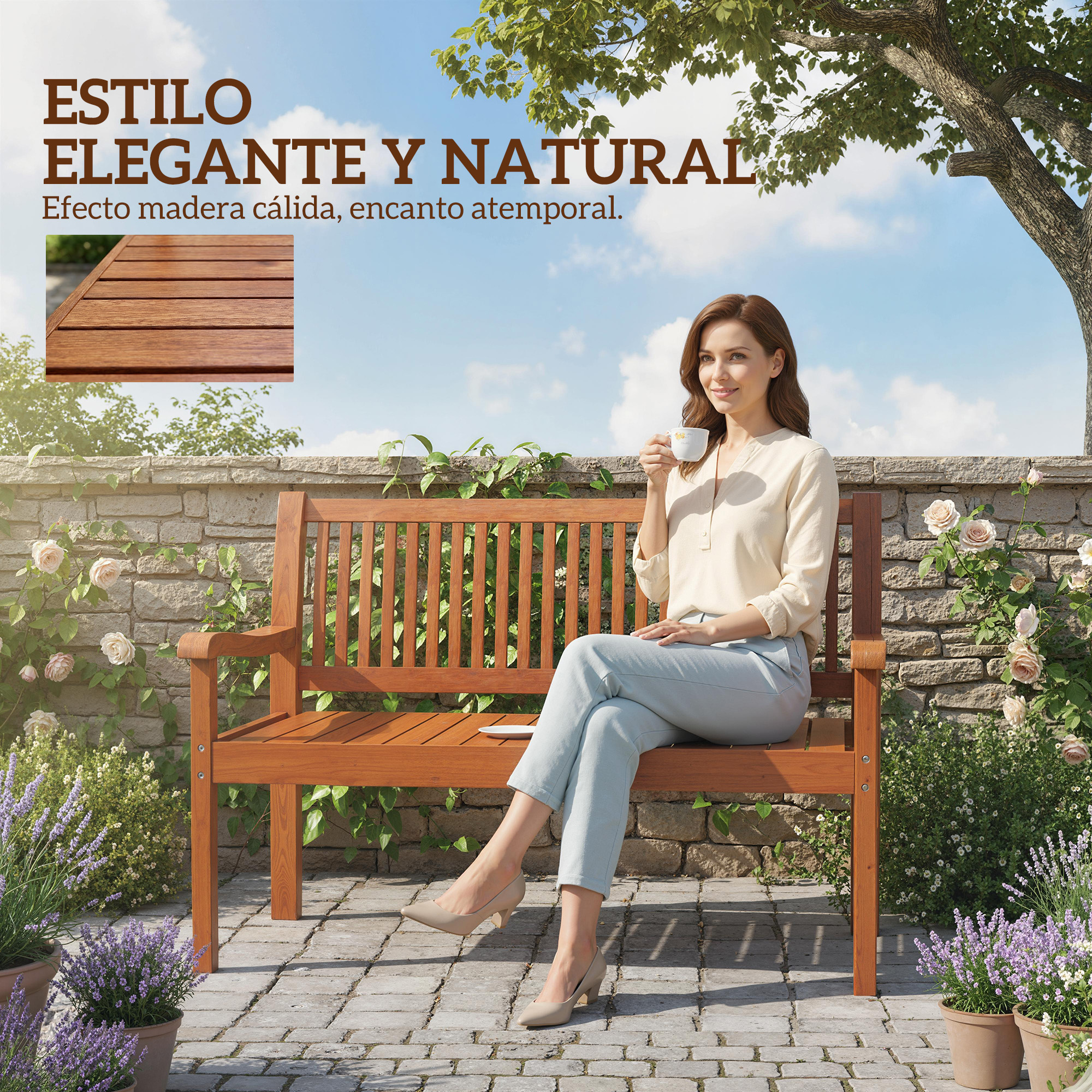 Una mujer sentada en un banco de madera en el jardín, tomando café. Rosas y lavanda en flor.