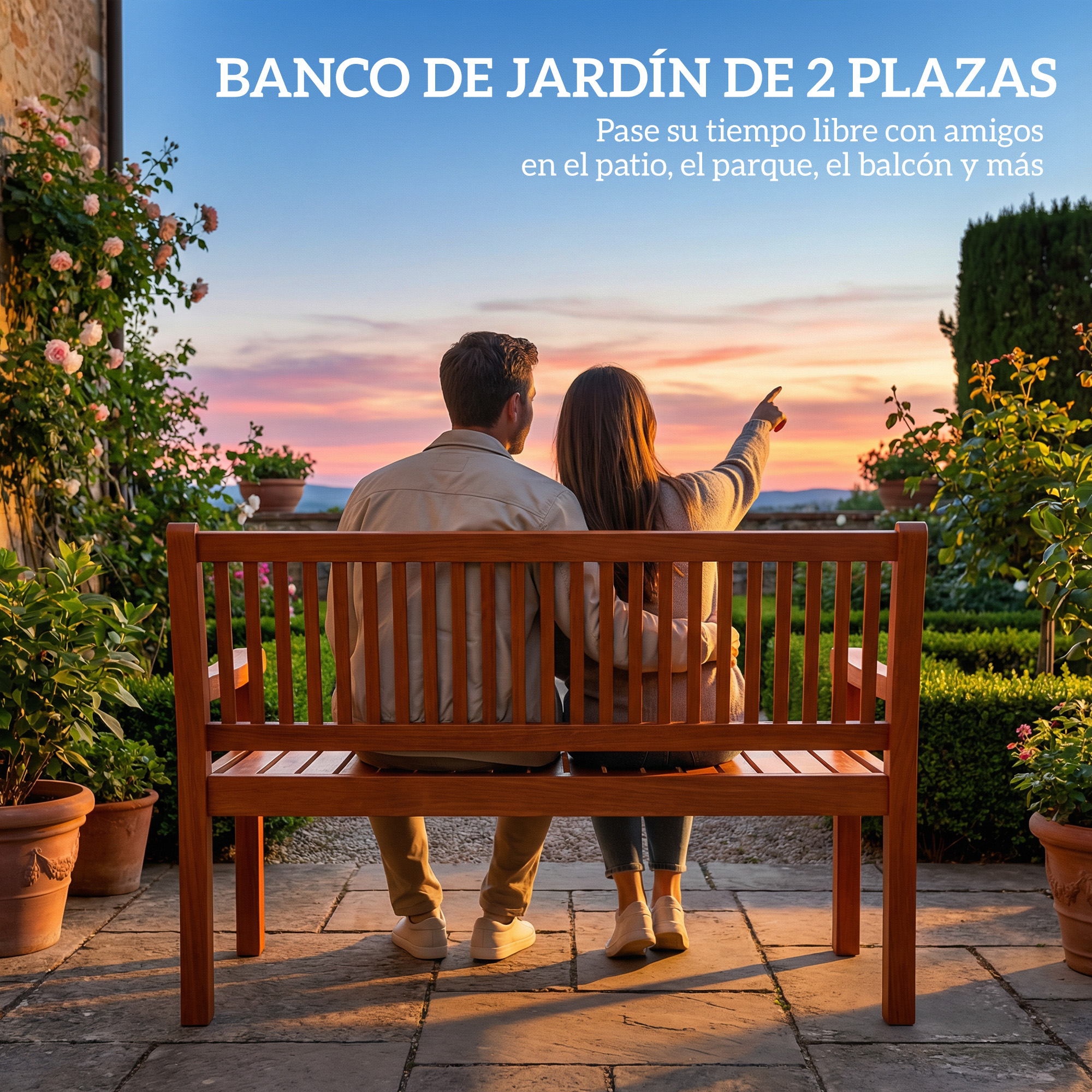 Una pareja sentada en un banco de jardín de madera al atardecer.