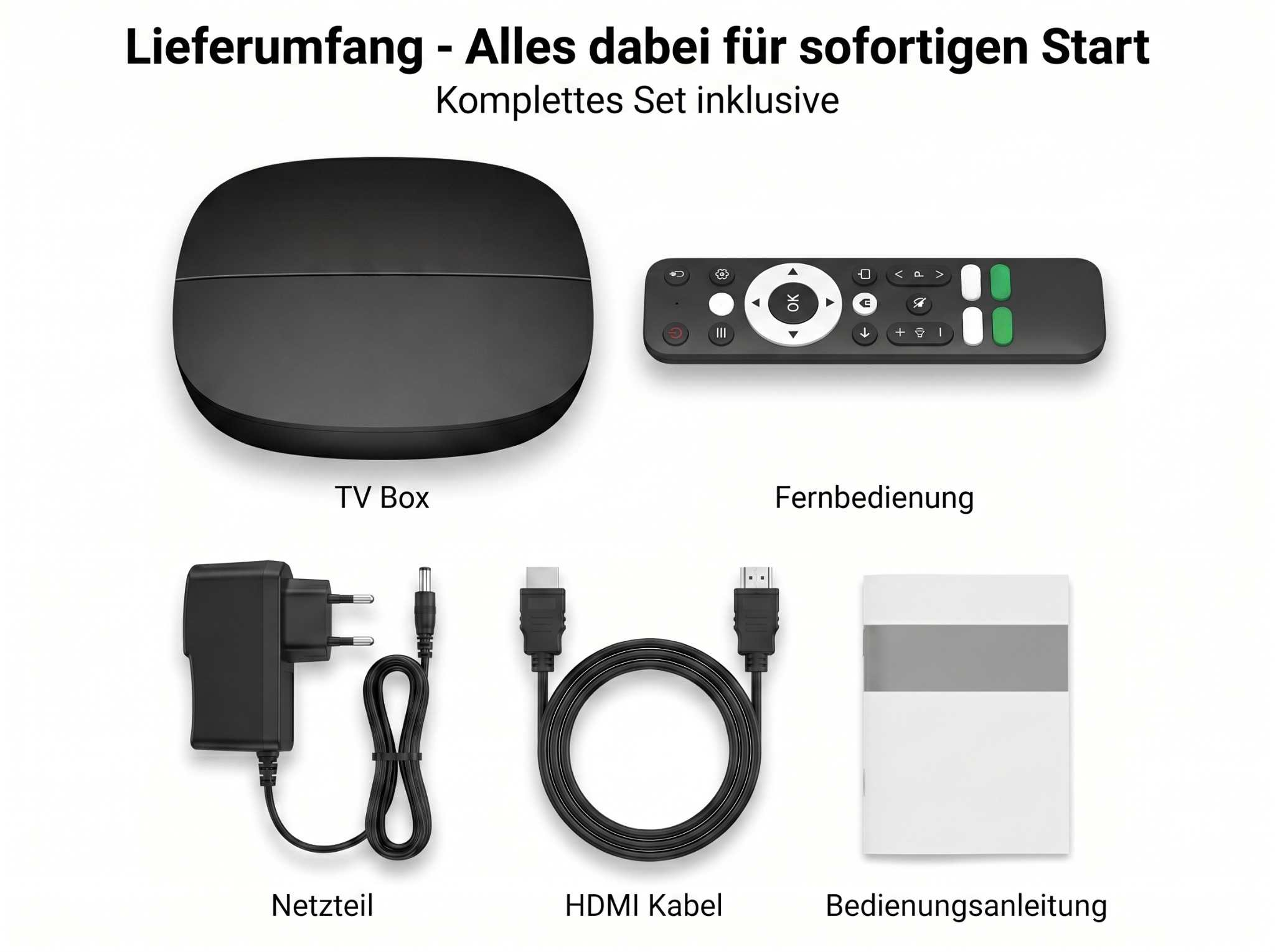 TV Box, Fernbedienung, Netzteil, HDMI-Kabel und Anleitung.