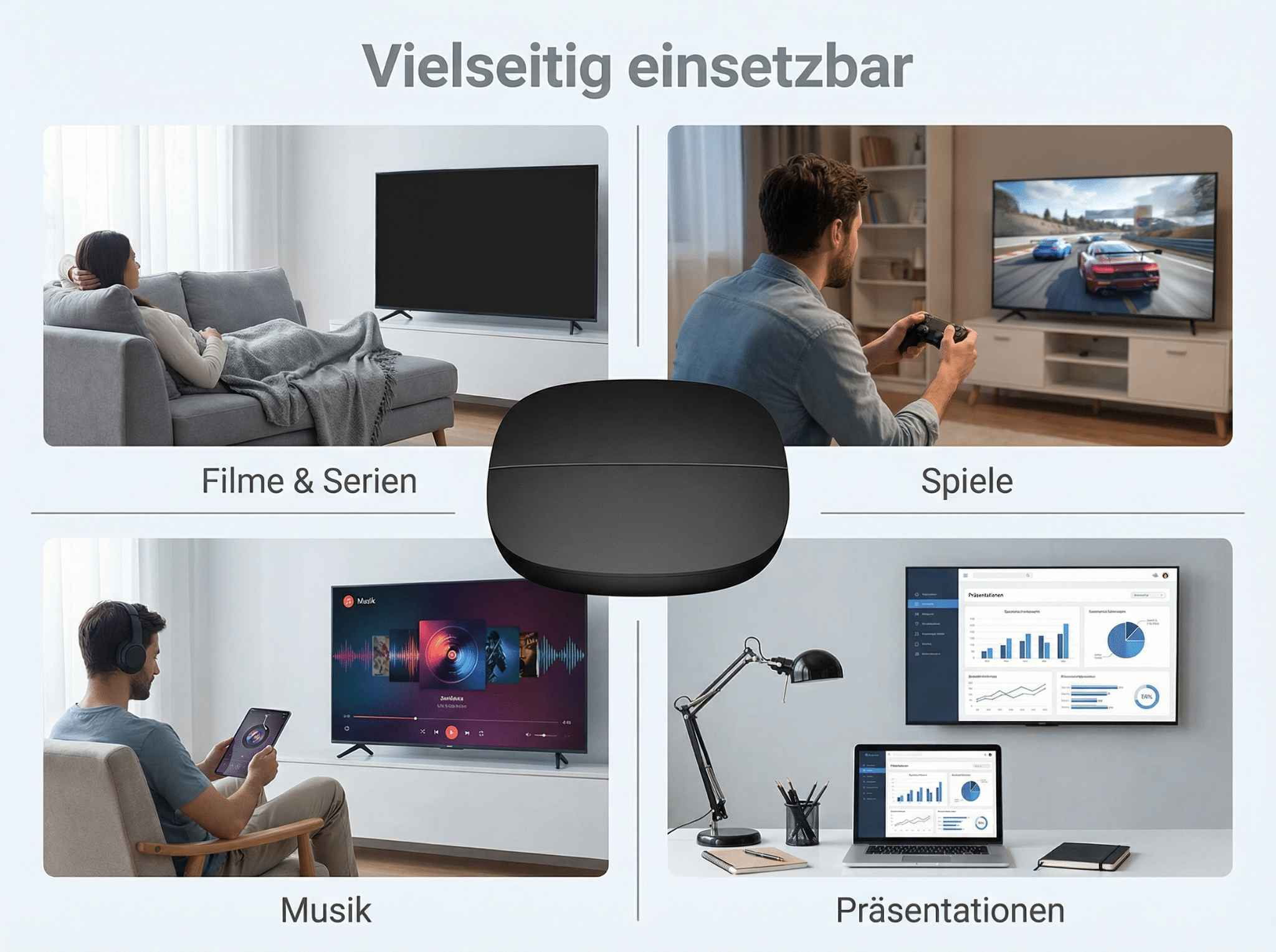 Vier Szenen zeigen TV-Nutzung: Filme, Spiele, Musik und Präsentationen.