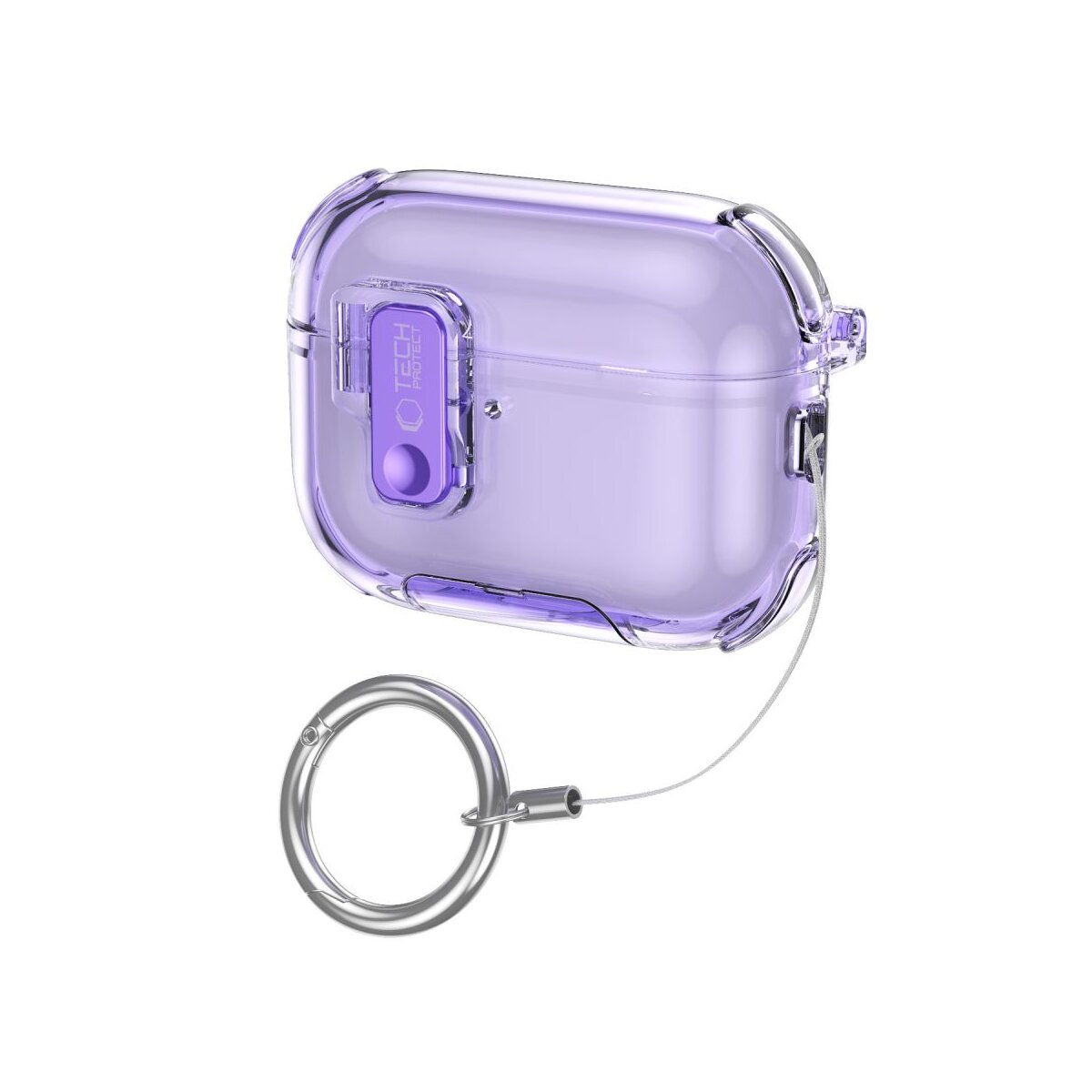 Eine durchsichtige lila Schutzhülle für AirPods Pro mit einem angebrachten silbernen Schlüsselring.