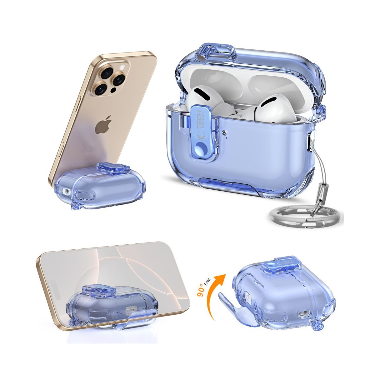 Transparente Schutzhüllen für iPhone und AirPods Pro, im Gebrauch gezeigt.
