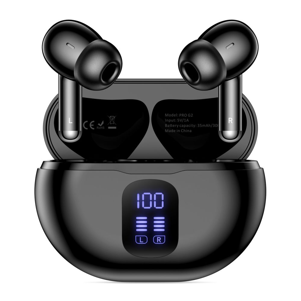 Auricolari wireless neri in una custodia di ricarica con display digitale.