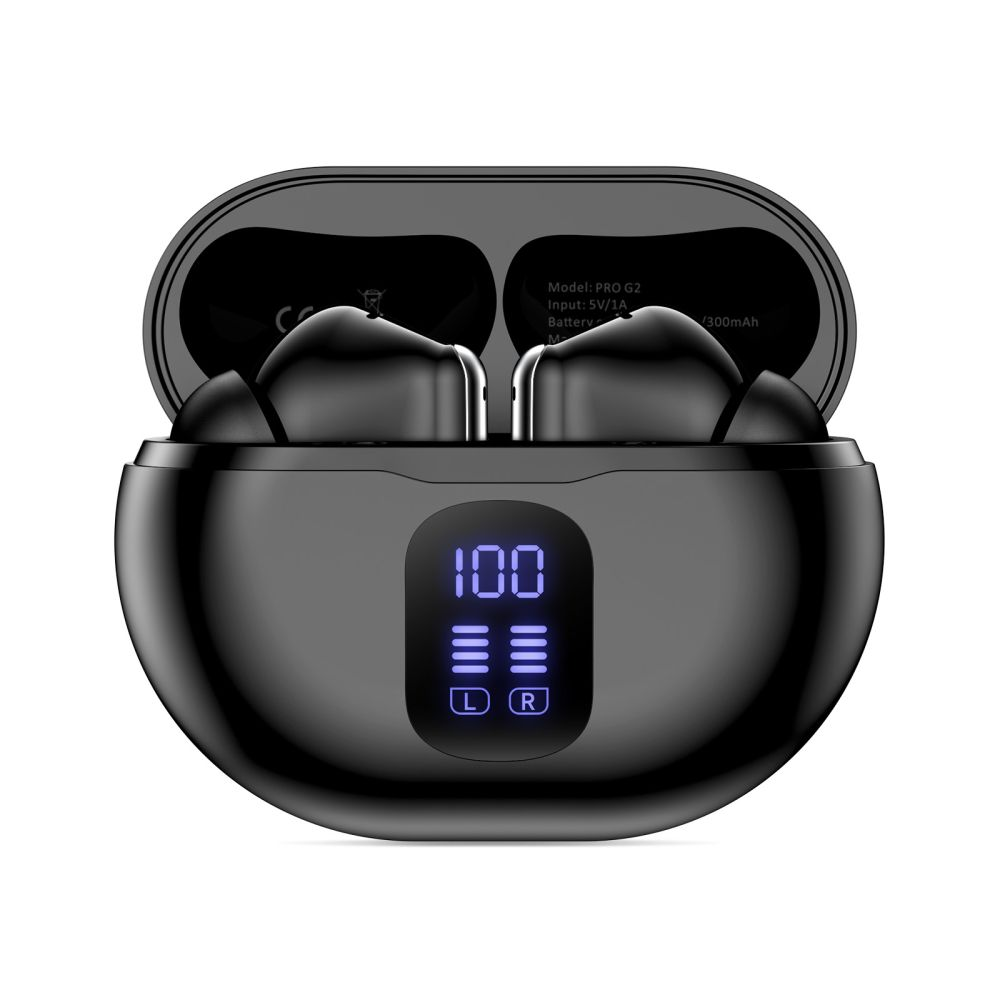 Auricolari wireless neri in custodia di ricarica aperta con display digitale che mostra il 100% di batteria.