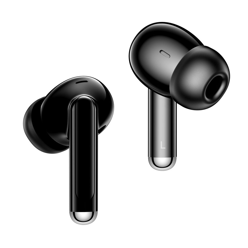 Due auricolari wireless neri lucidi con accenti argentati su sfondo bianco.