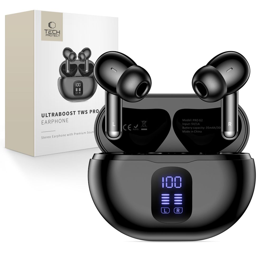 Auricolari wireless neri con custodia di ricarica e display digitale.