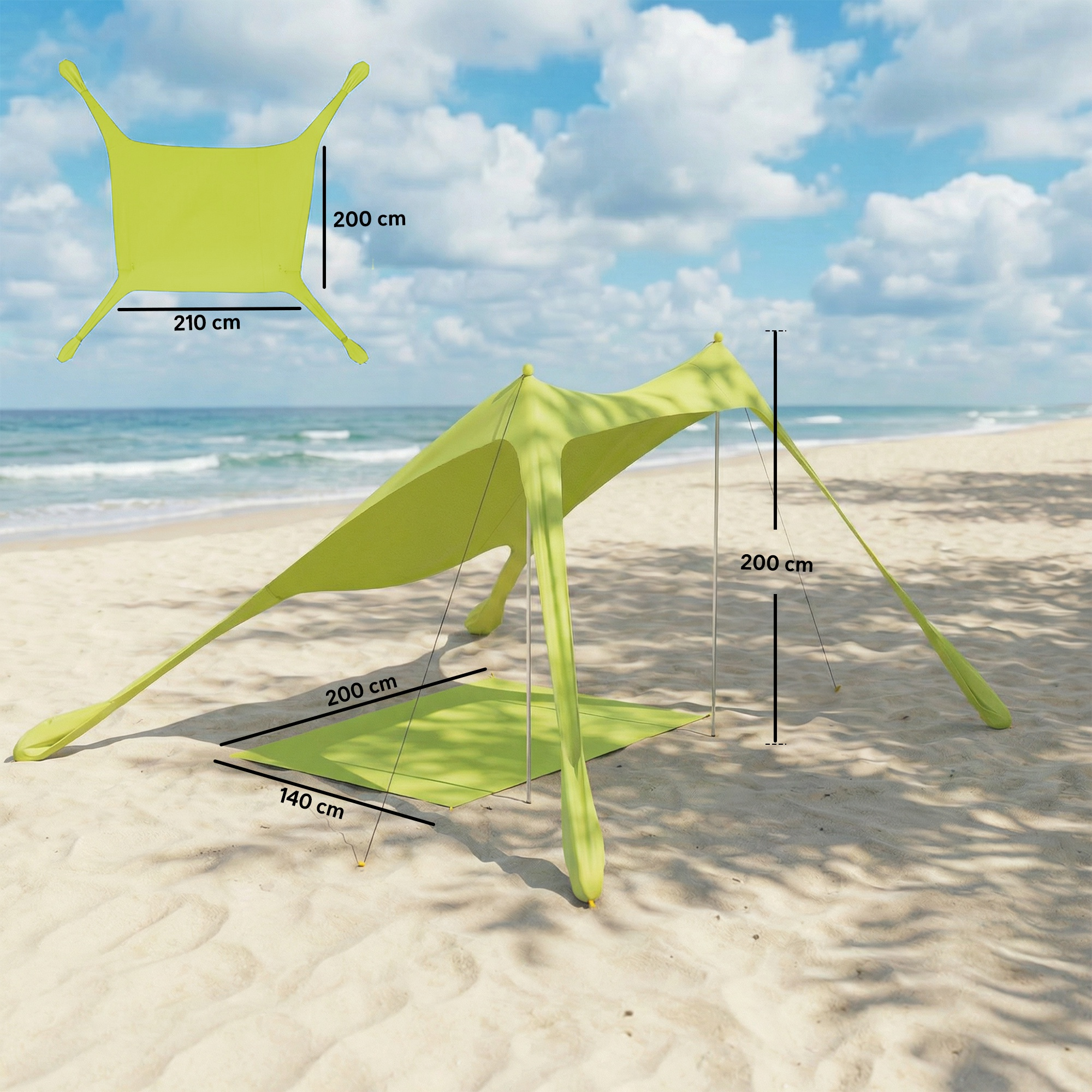Un parasol de playa verde claro con dimensiones en una playa de arena con mar y cielo.