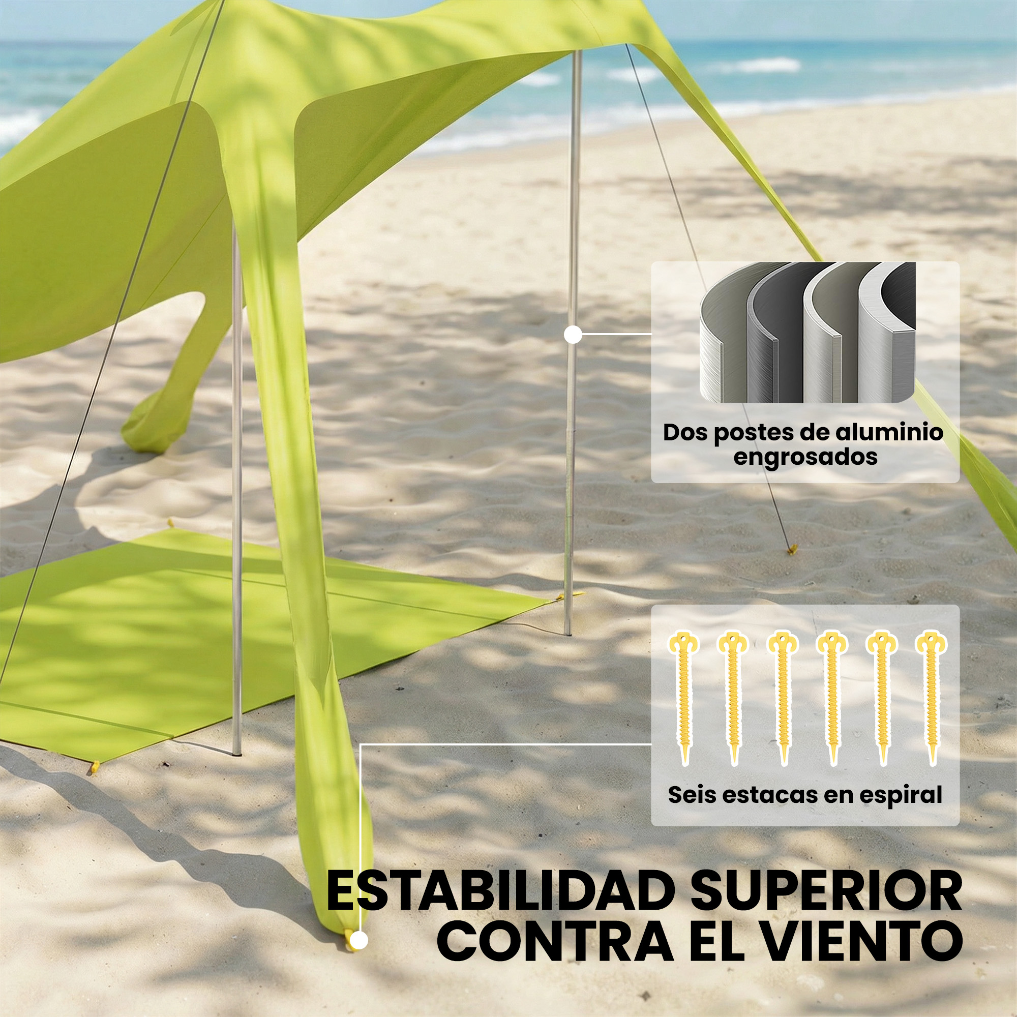 Una carpa de playa verde neón en la arena, con postes y estacas de aluminio.