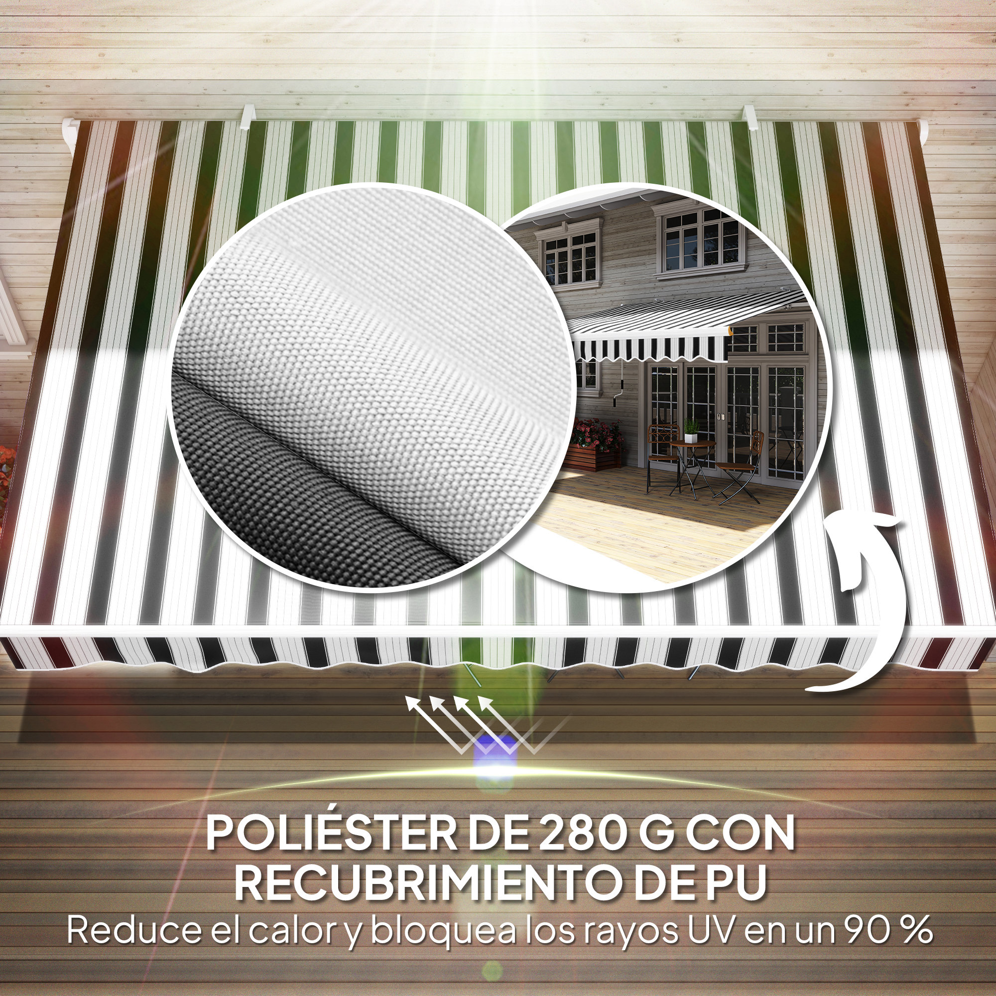 Toldo a rayas con primer plano de la tela. Reduce el calor y bloquea rayos UV.