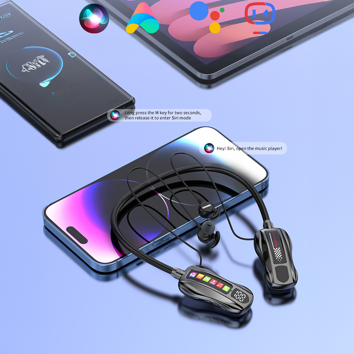 Un smartphone con auriculares y una tableta al fondo. Asistentes de voz visibles.