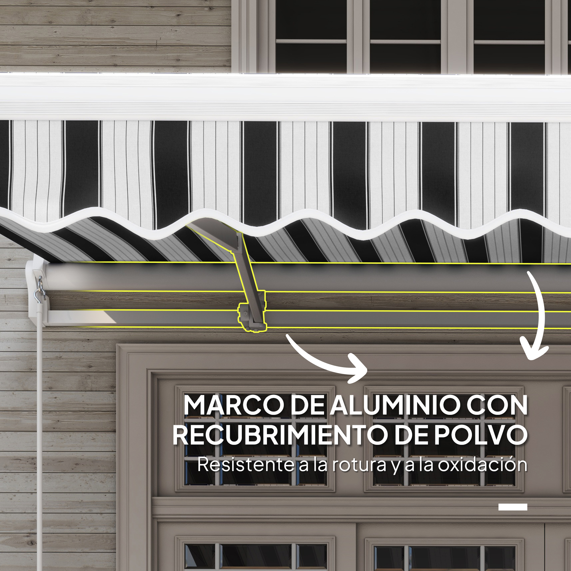 Toldo de rayas blanco y negro sobre marco de ventana con detalles de aluminio.