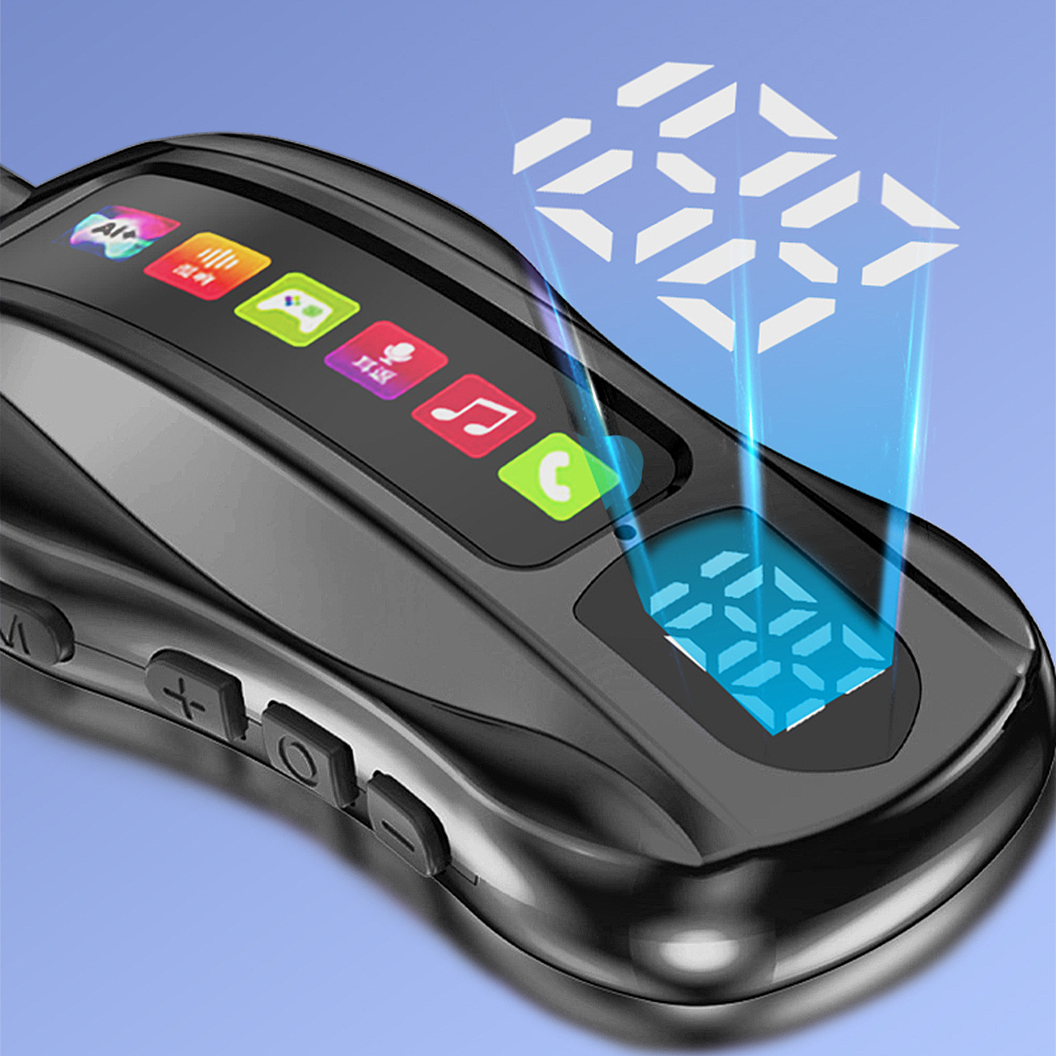 Dispositivo negro con iconos táctiles y pantalla digital azul.
