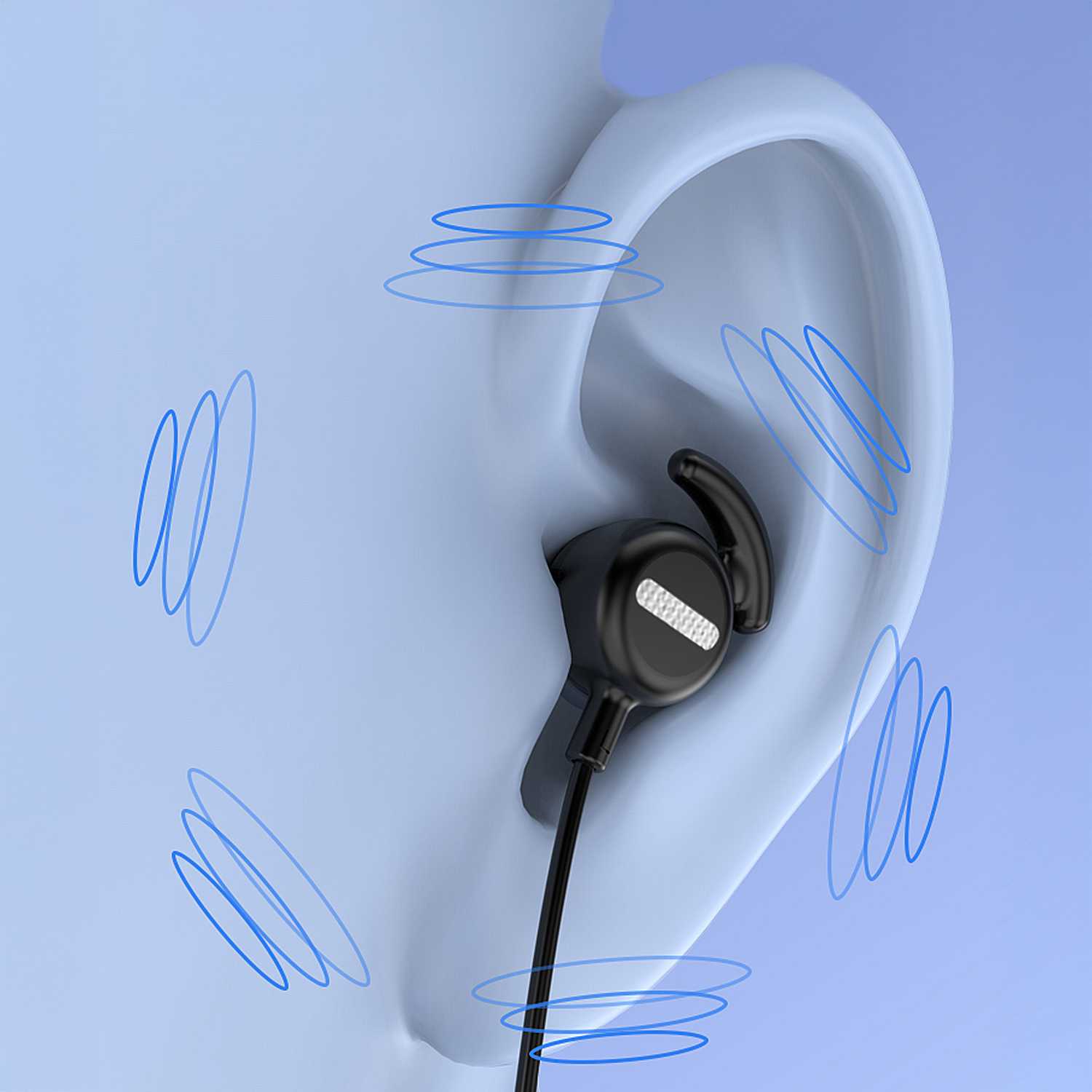 Auricular negro en oreja azul claro con ondas sonoras azules.