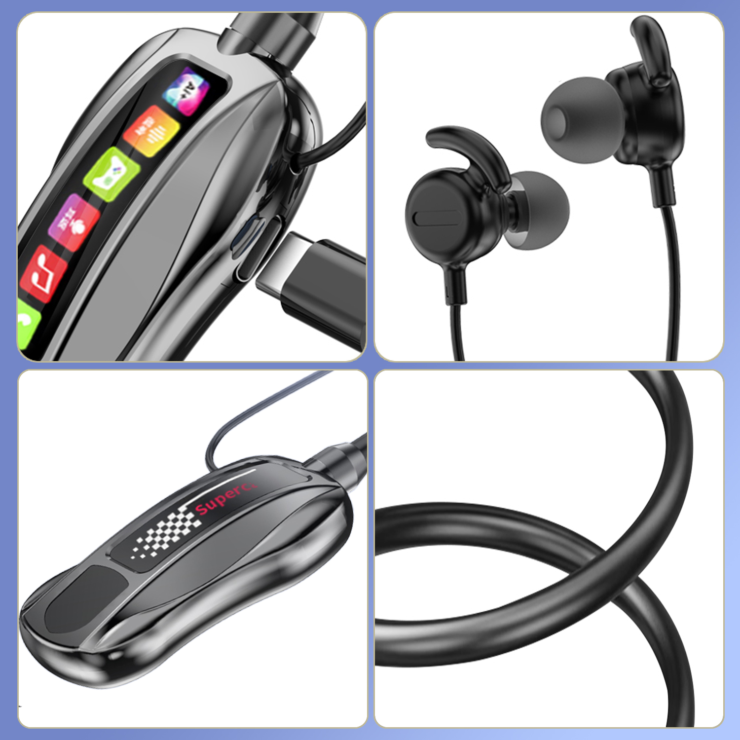 Cuatro imágenes de auriculares y cables de carga negros. Muestra la parte superior, los auriculares y el cable.