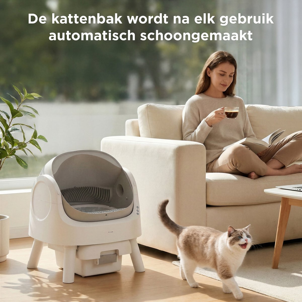 Een vrouw drinkt koffie en leest op een bank terwijl een kat naast een kattenbak staat.