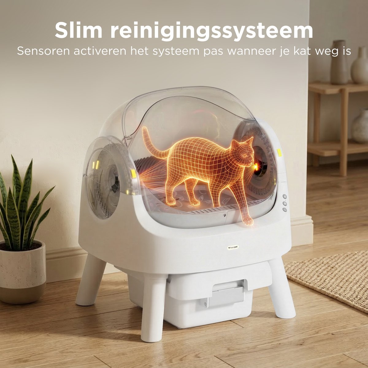 Een witte automatische kattenbak met een oranje draadframe kat overlay.