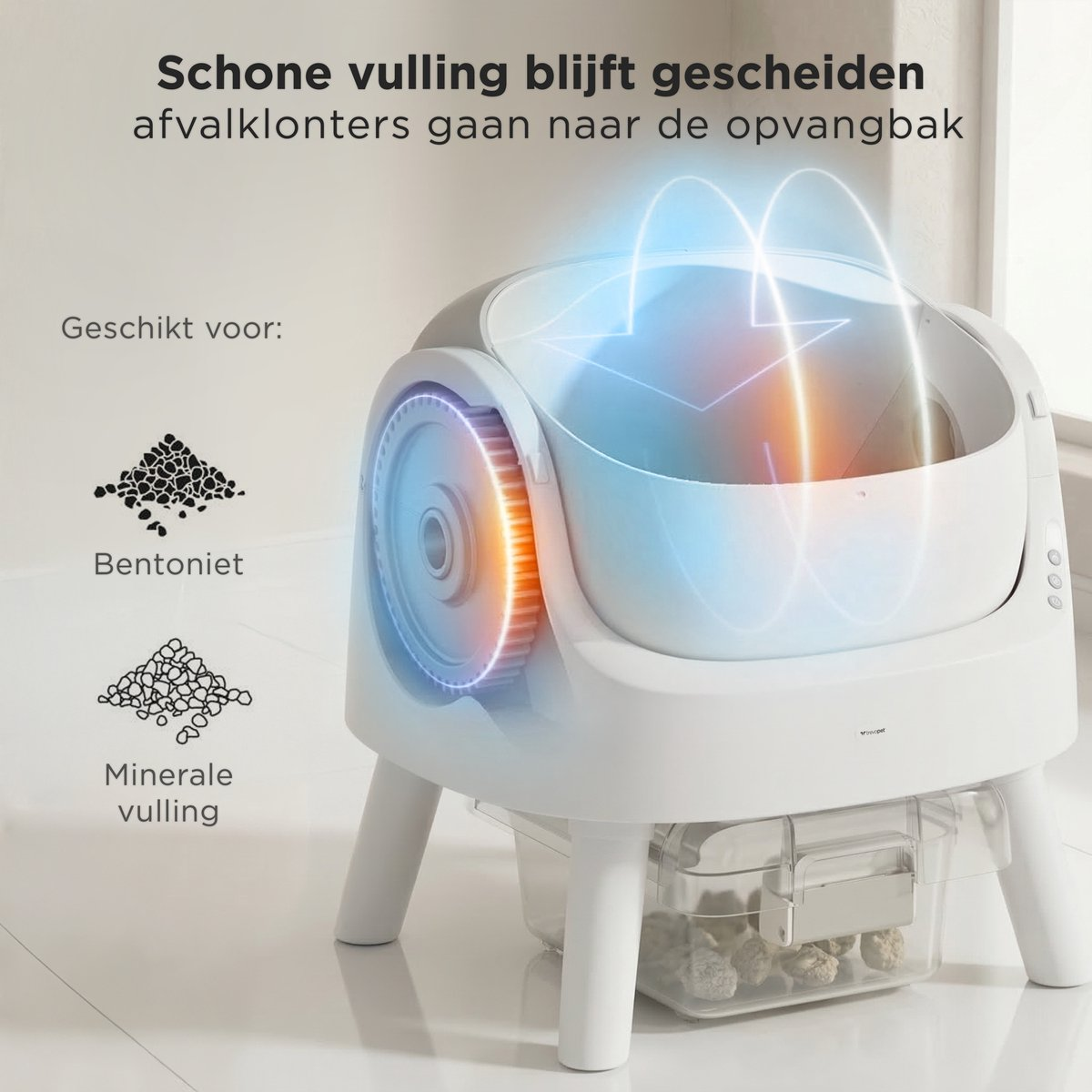 Een witte kattenbak met blauwe en oranje lijnen, geschikt voor bentoniet en minerale vulling.