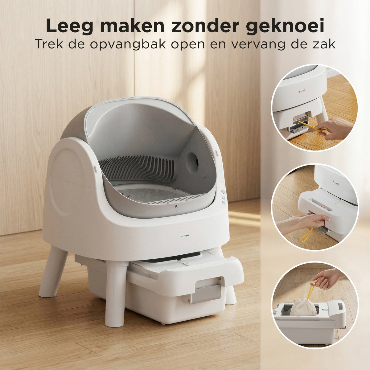 Zelfreinigende kattenbak met lade en accessoires.