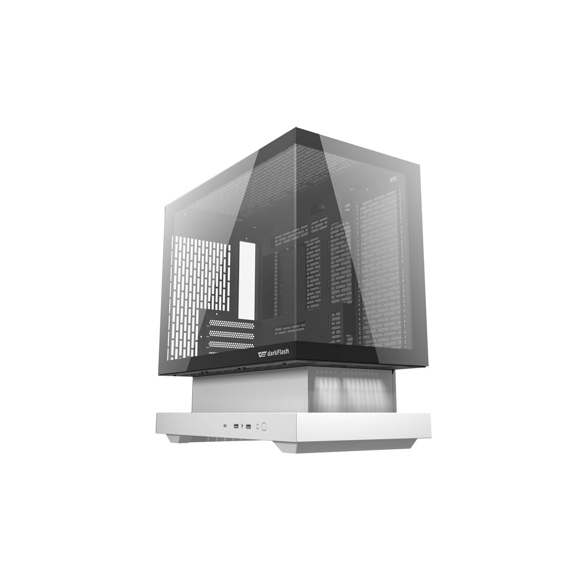 Ein moderner Computergehäuse mit Glaspaneelen und weißem Sockel.