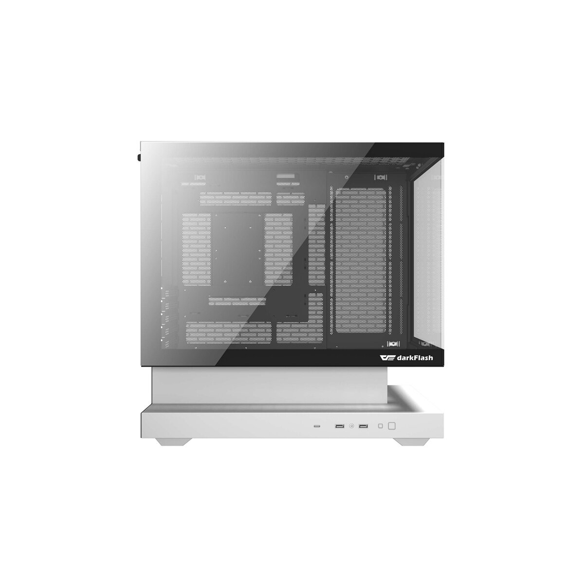Ein weißer Computergehäuseturm mit Glasfront und I/O-Anschlüssen.