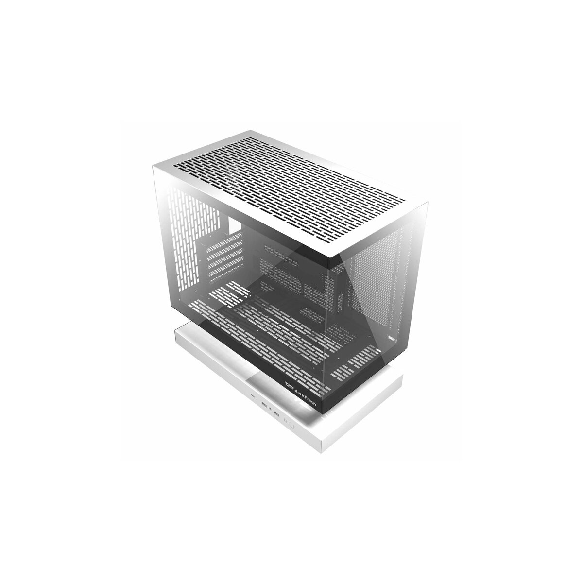 Ein weißer Computergehäuse mit Glaspaneelen und Lüftungsschlitzen auf einem weißen Sockel.