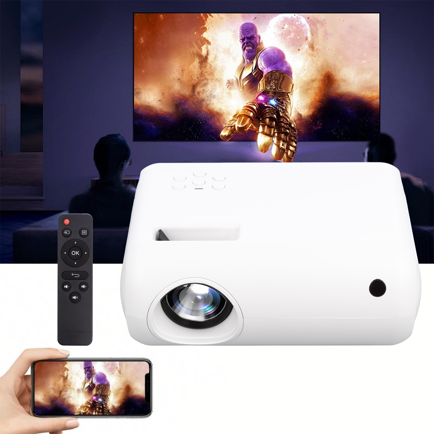 Un proyector blanco con mando y teléfono, mostrando a Thanos en pantalla.