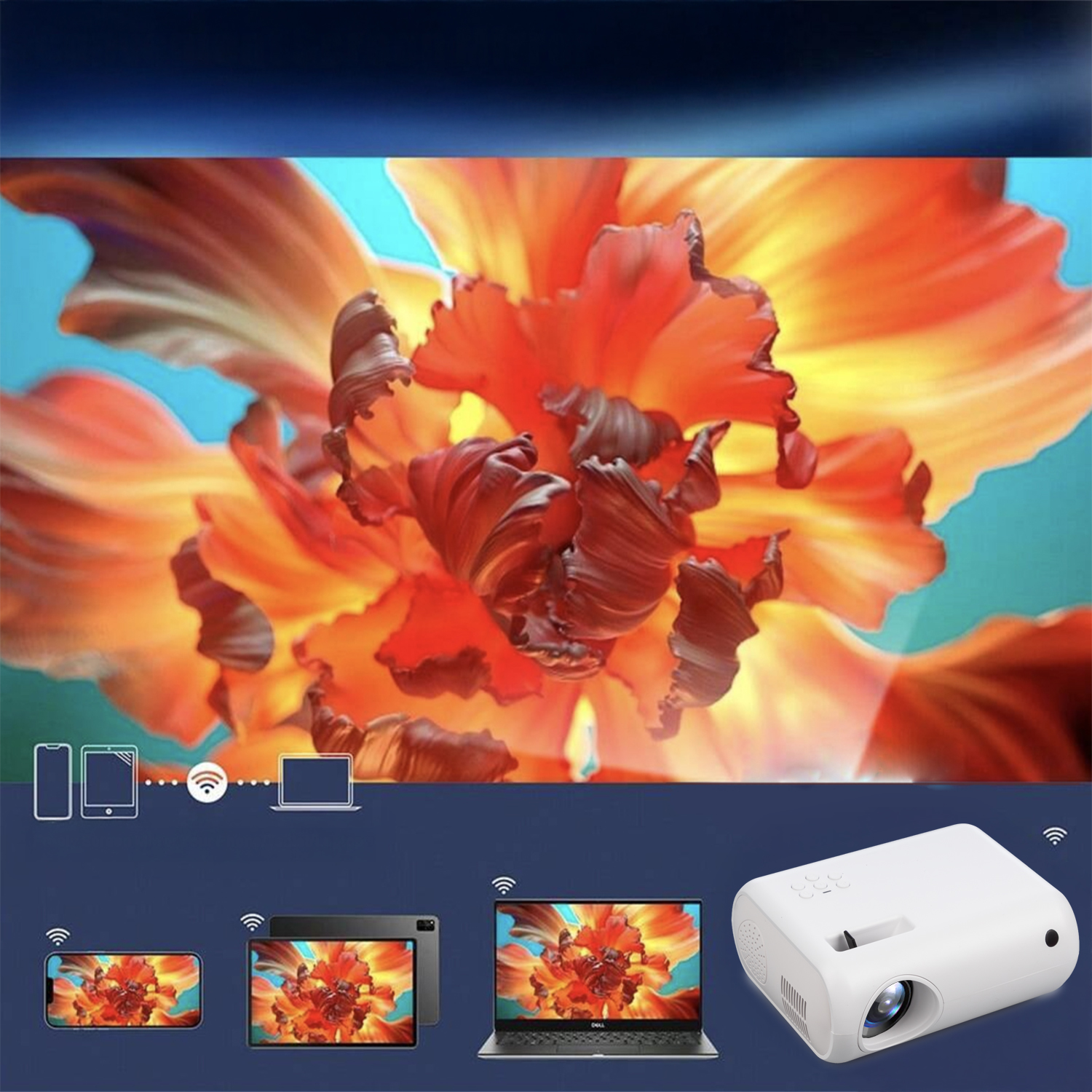 Un proyector blanco proyecta una imagen de flor naranja en varios dispositivos.