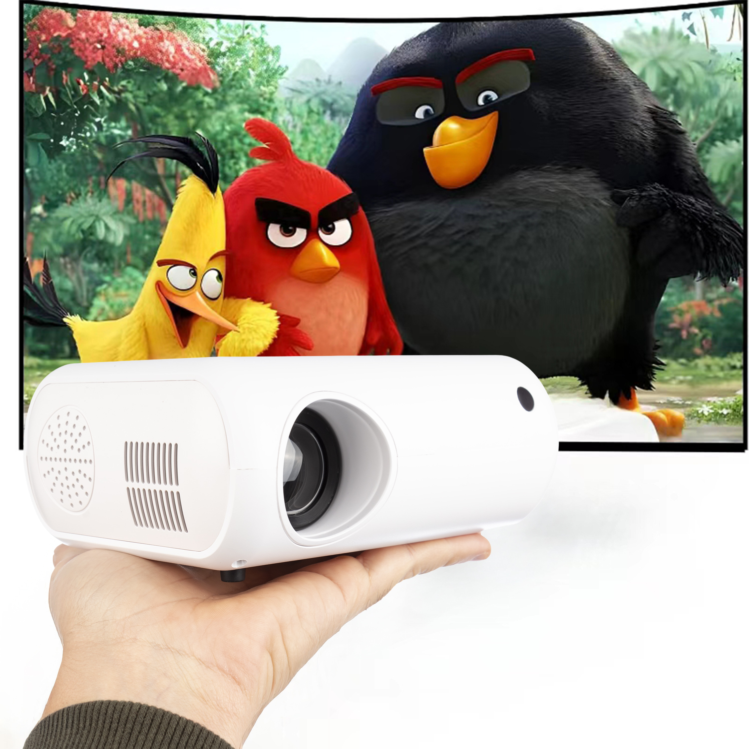 Un proyector blanco en una mano muestra los personajes de la película Angry Birds.