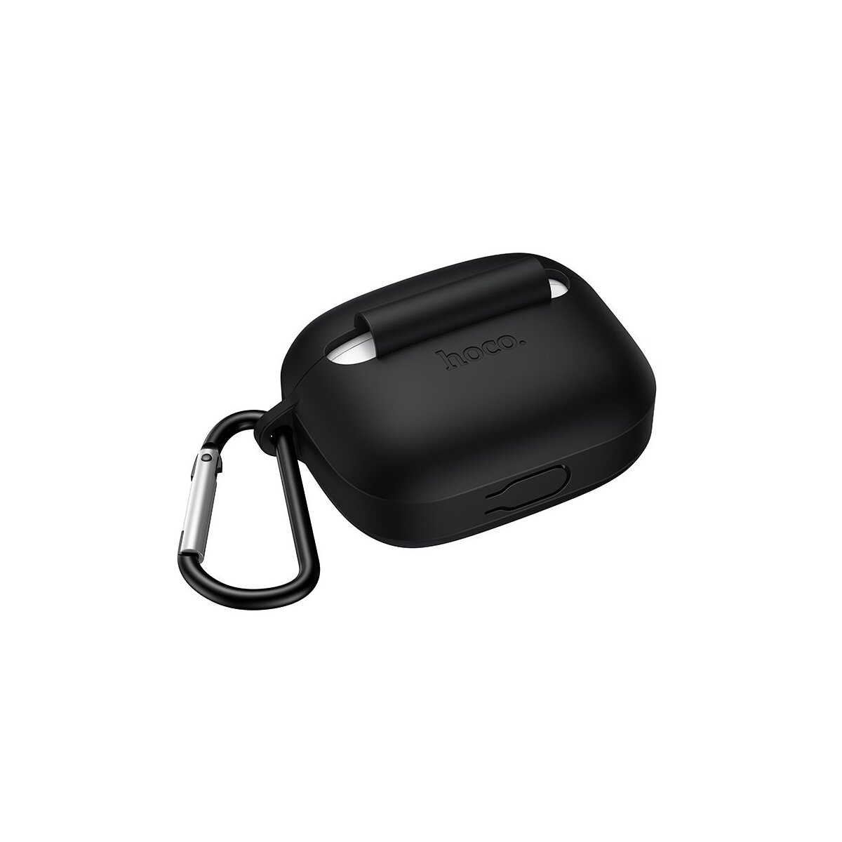 Eine schwarze Hoco.-Kopfhörerhülle mit silbernem Karabinerclip.