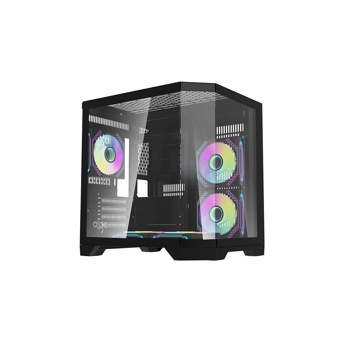 Un case per computer nero con pannelli in vetro, che mostra ventole RGB colorate.