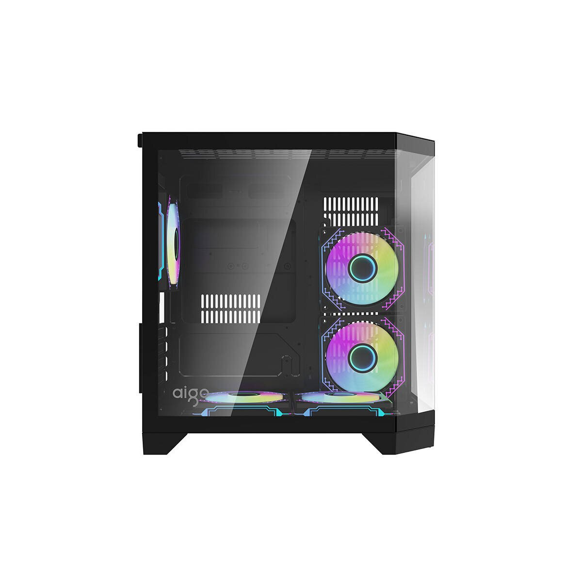 Case PC nero con frontale in vetro e ventole RGB colorate.