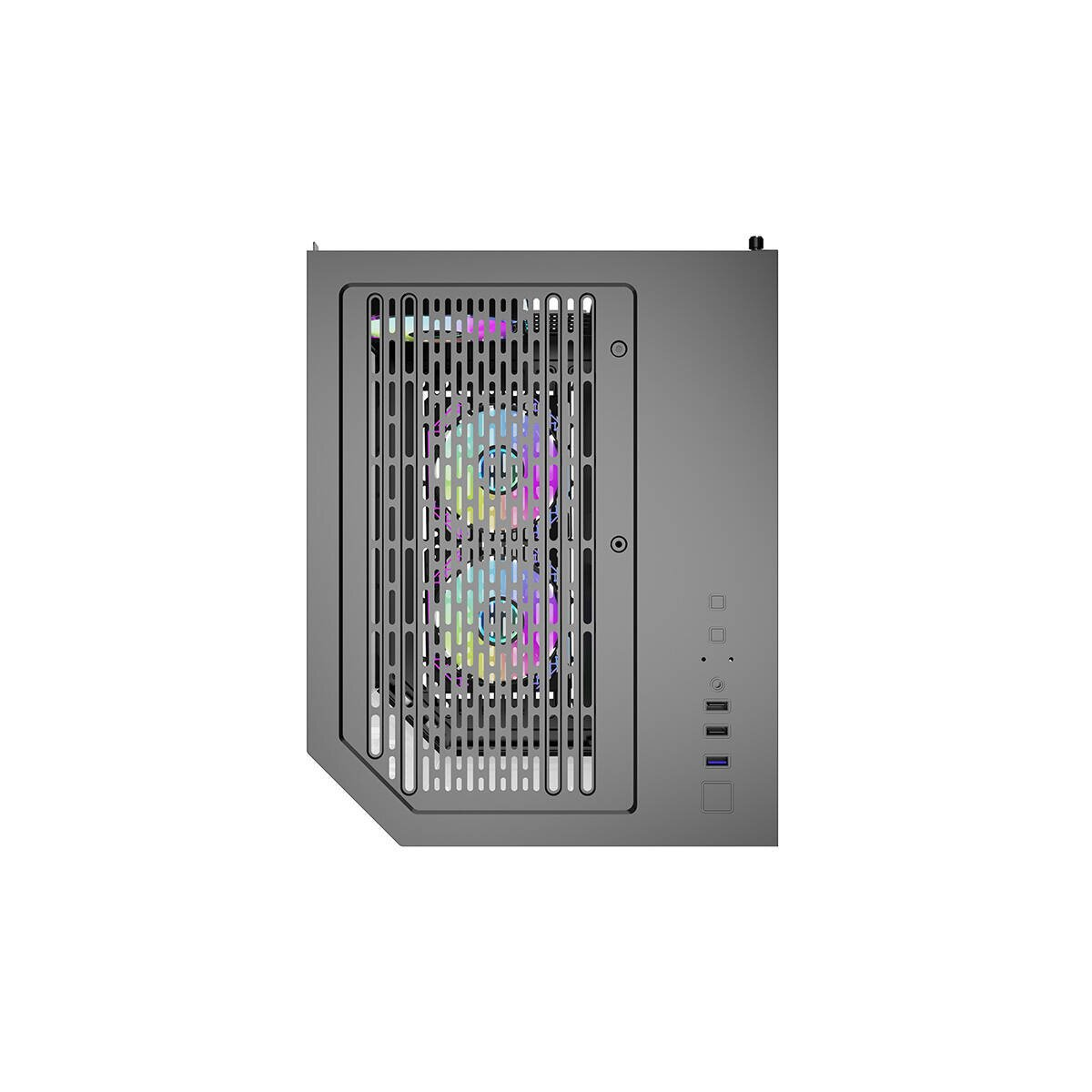 Case del computer grigio con due ventole RGB e fessure di ventilazione.