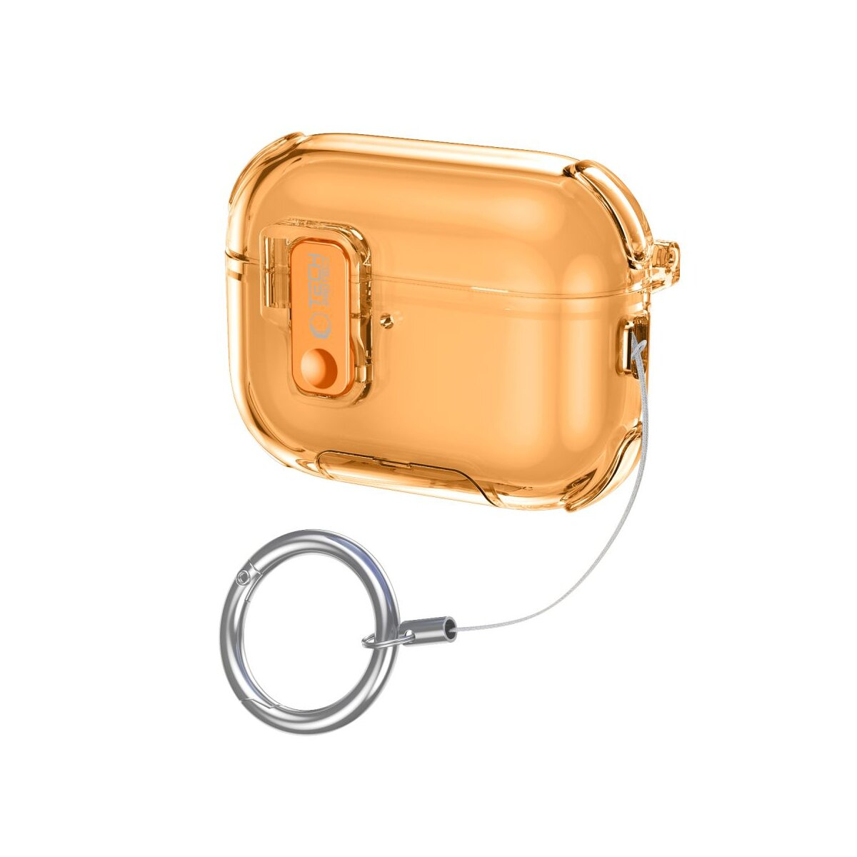 Transparente orange AirPods Hülle mit silbernem Ring und Drahtbefestigung.