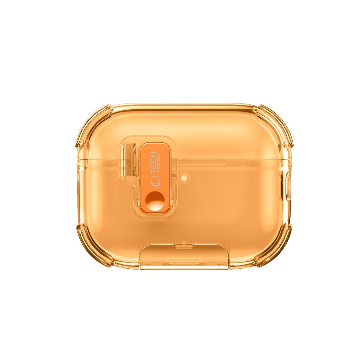 Transparenter orangerfarbener Koffer für Kopfhörer mit Logo.