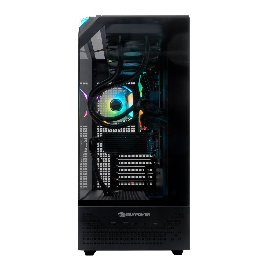 Una torre de PC negra con panel lateral transparente muestra iluminación RGB colorida en ventiladores y componentes.