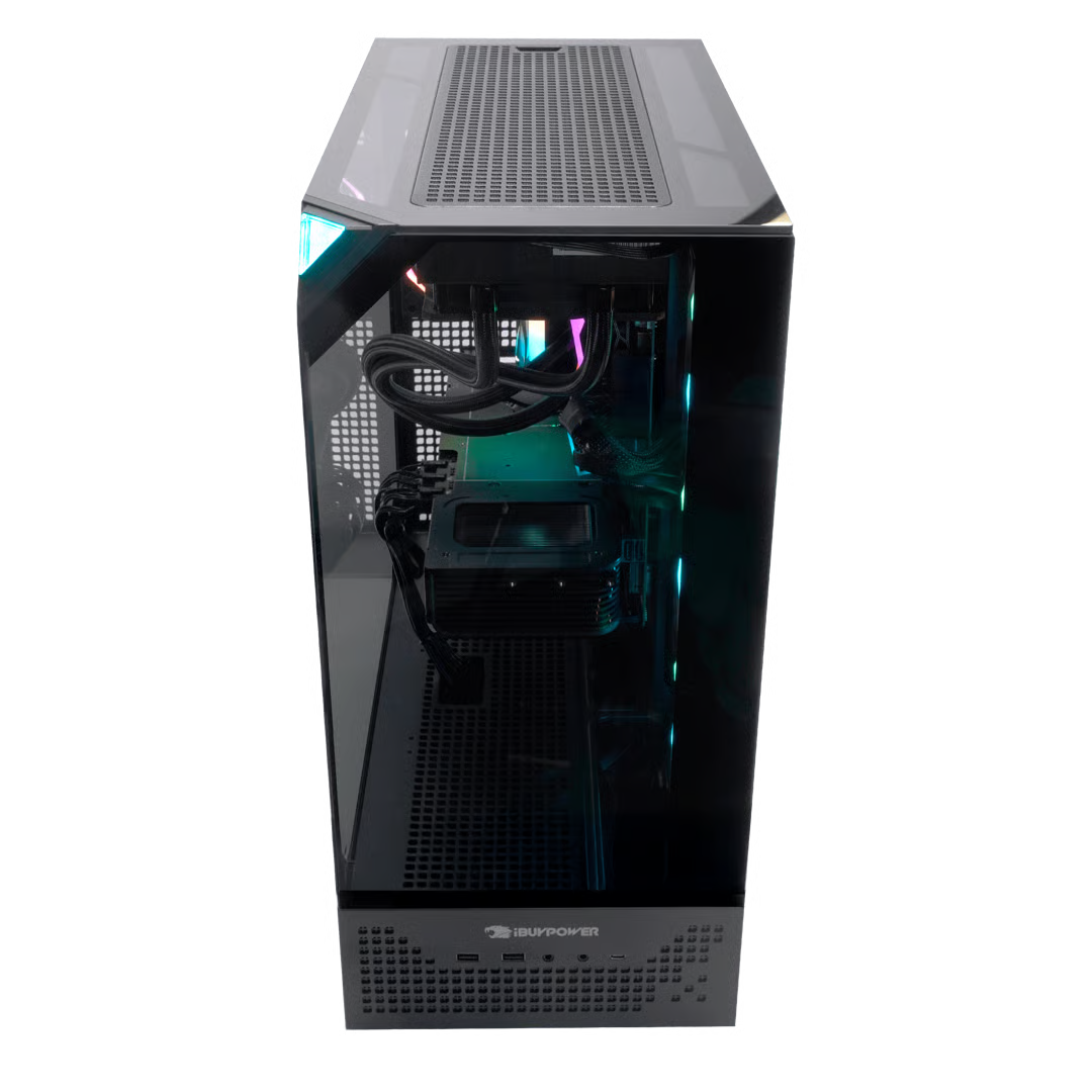 Una torre de computadora negra con panel lateral de vidrio que muestra componentes internos e iluminación RGB.