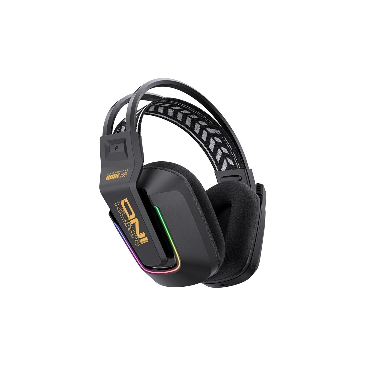 Schwarzer Gaming-Headset mit RGB-Beleuchtung und gemustertem Kopfband auf Weiß.