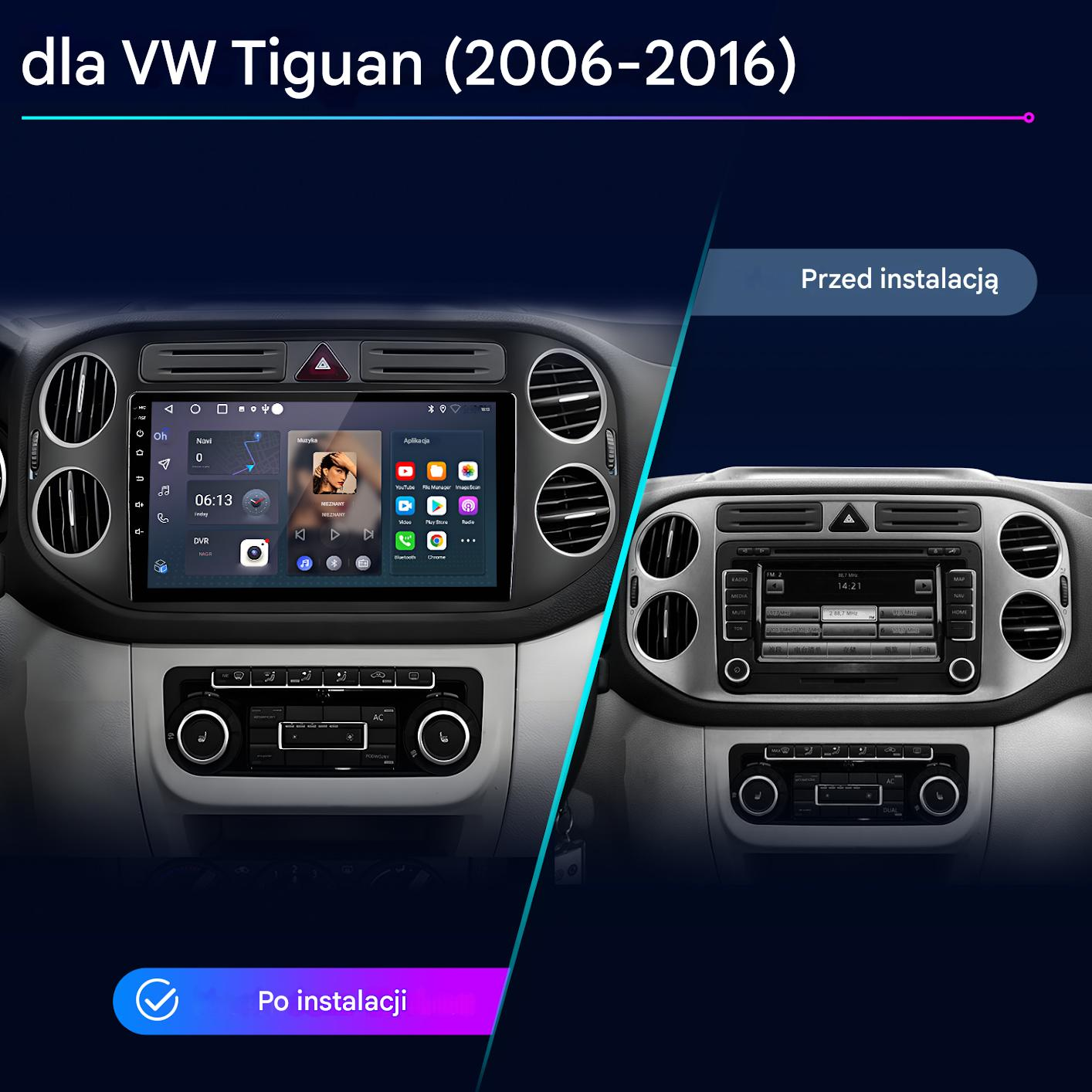 Deska rozdzielcza VW Tiguan przed i po wymianie radia. Lewo: nowy ekran dotykowy. Prawo: stare radio.