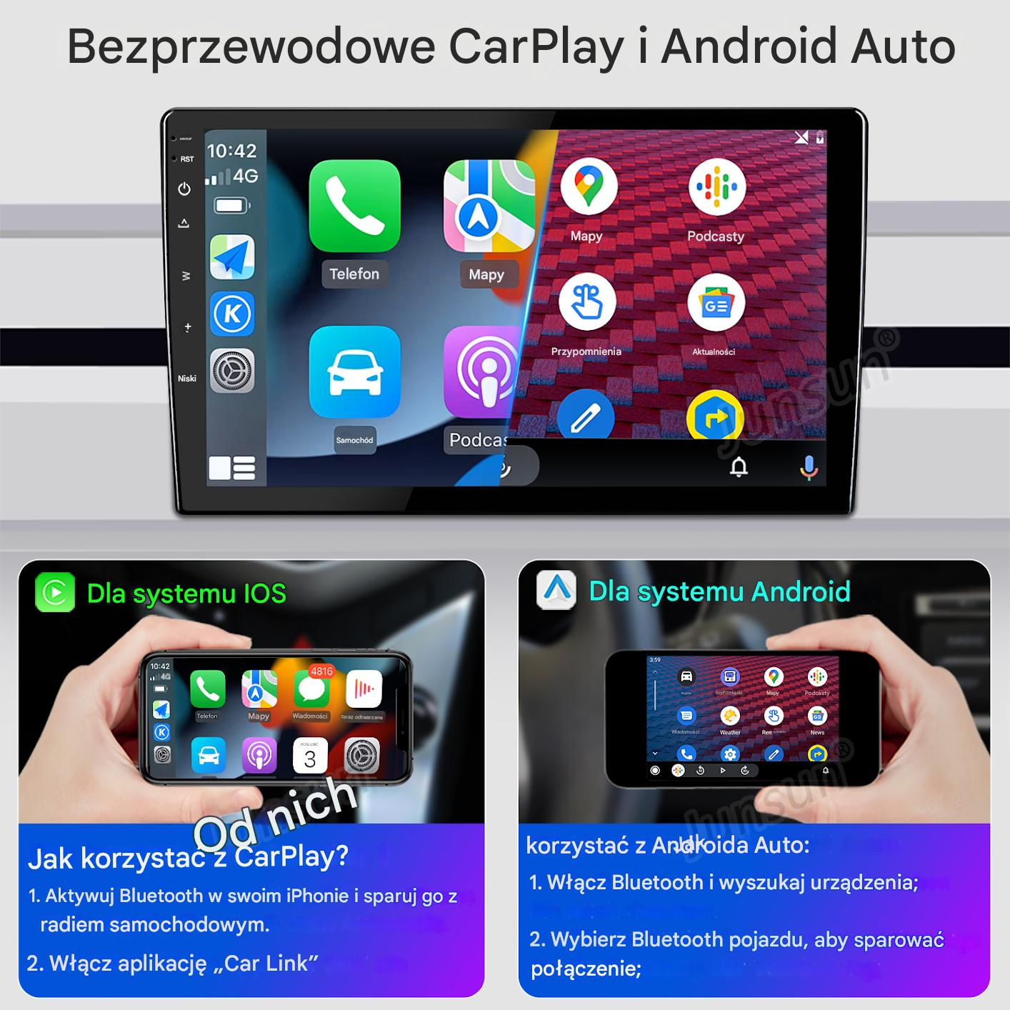 Ekran z CarPlay/Android Auto, iPhone z CarPlay i telefonem Android z Android Auto.