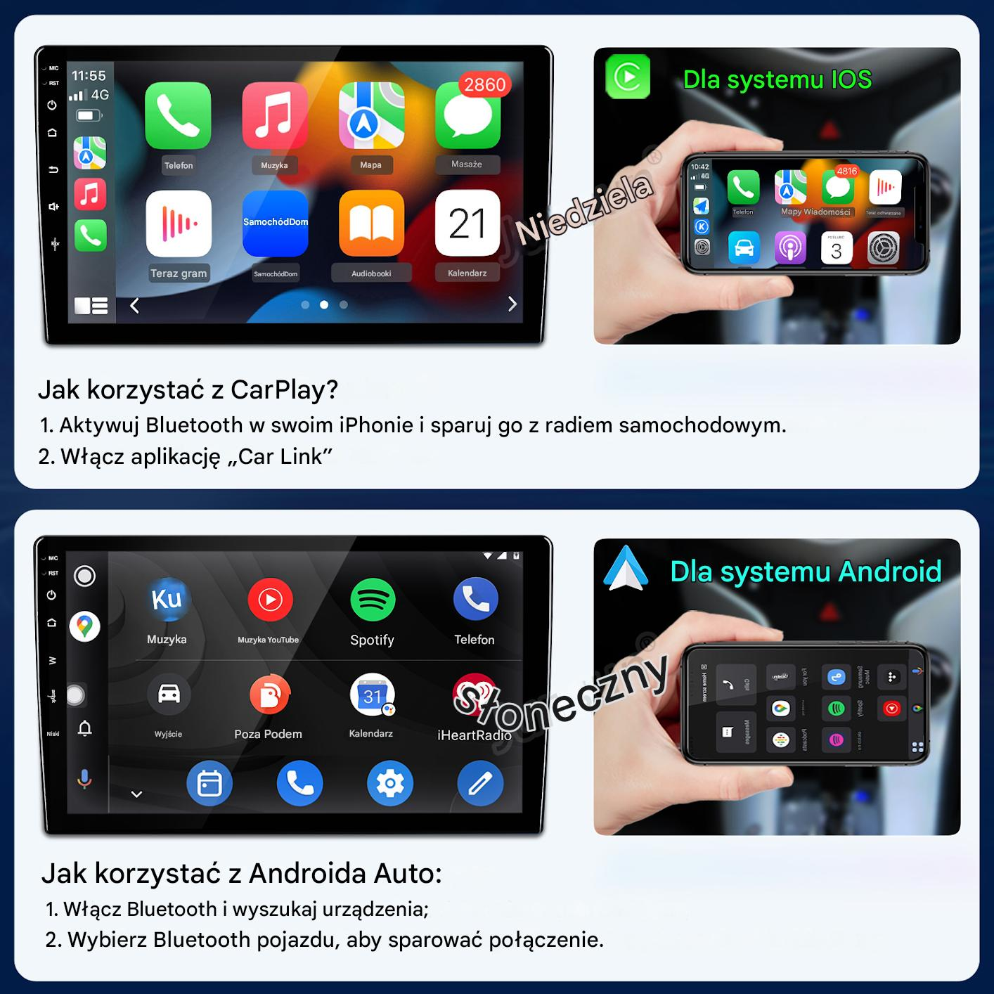 Zrzuty ekranu z iOS CarPlay i Android Auto pokazujące ikony aplikacji i instrukcje.
