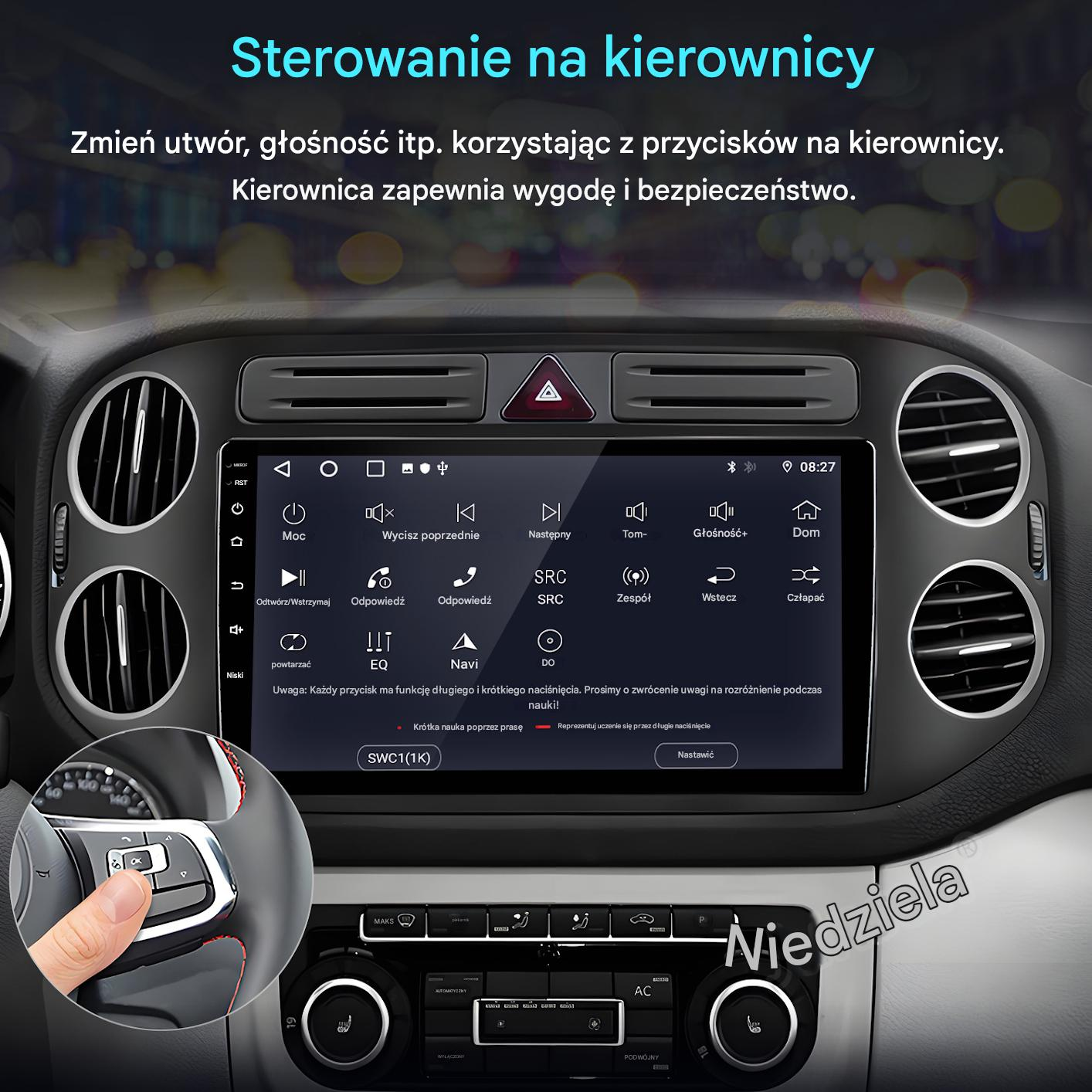 Ekran radia samochodowego z ikonami sterowania kierownicą i światłami awaryjnymi.