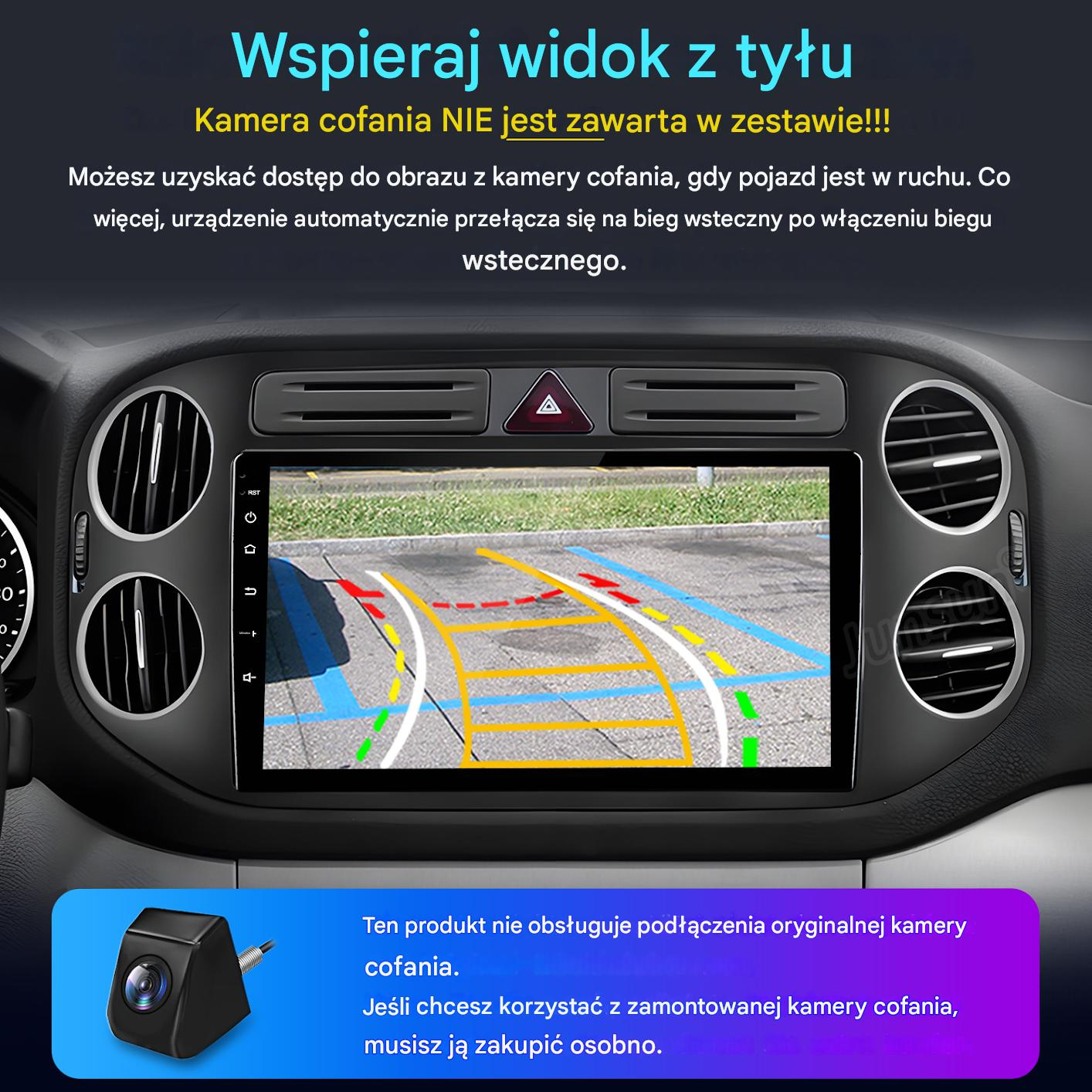 Wnętrze samochodu z ekranem wyświetlającym widok z kamery cofania.