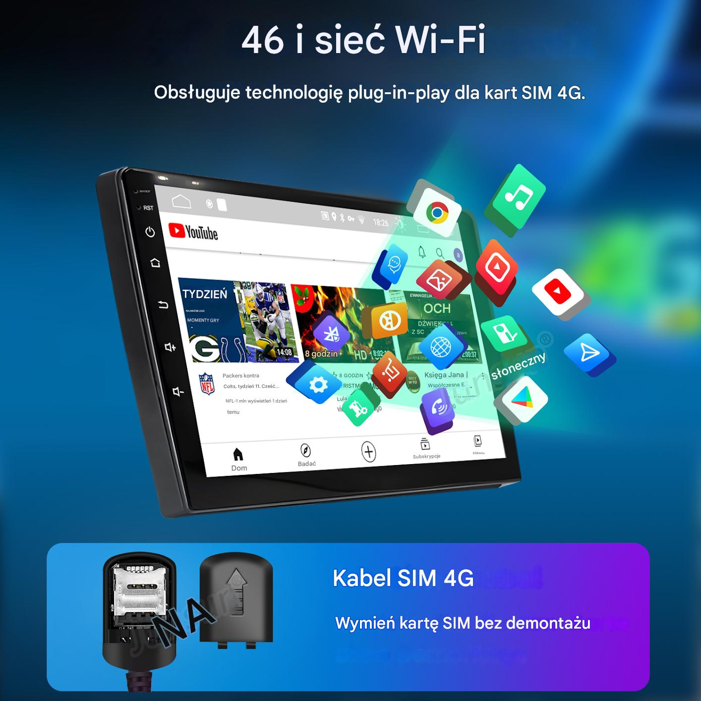 Ekran dotykowy samochodu wyświetla aplikacje: YouTube, gry, muzyka. Poniżej slot na kartę SIM i kabel.