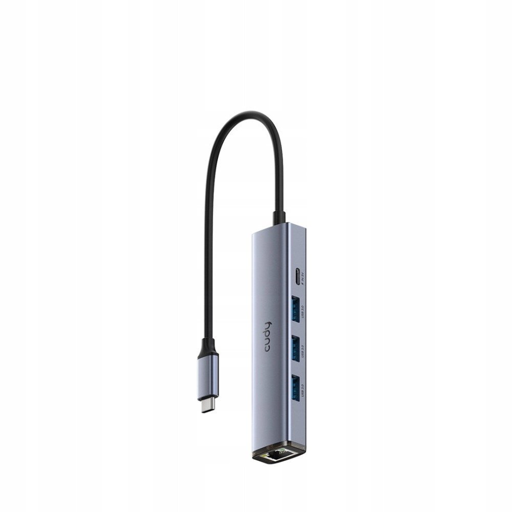 Szara piasta USB-C z trzema portami USB-A, jednym portem USB-C i jednym portem Ethernet.