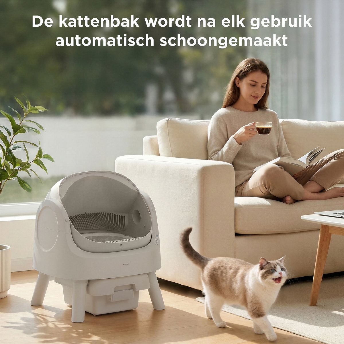 Een vrouw leest en drinkt koffie, met een kat bij een automatische kattenbak.