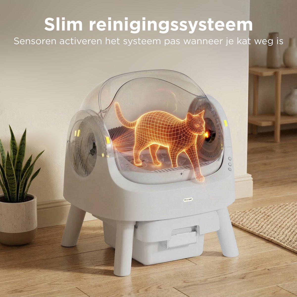Een zelfreinigend kattenbak met een gestileerde kat overlay.