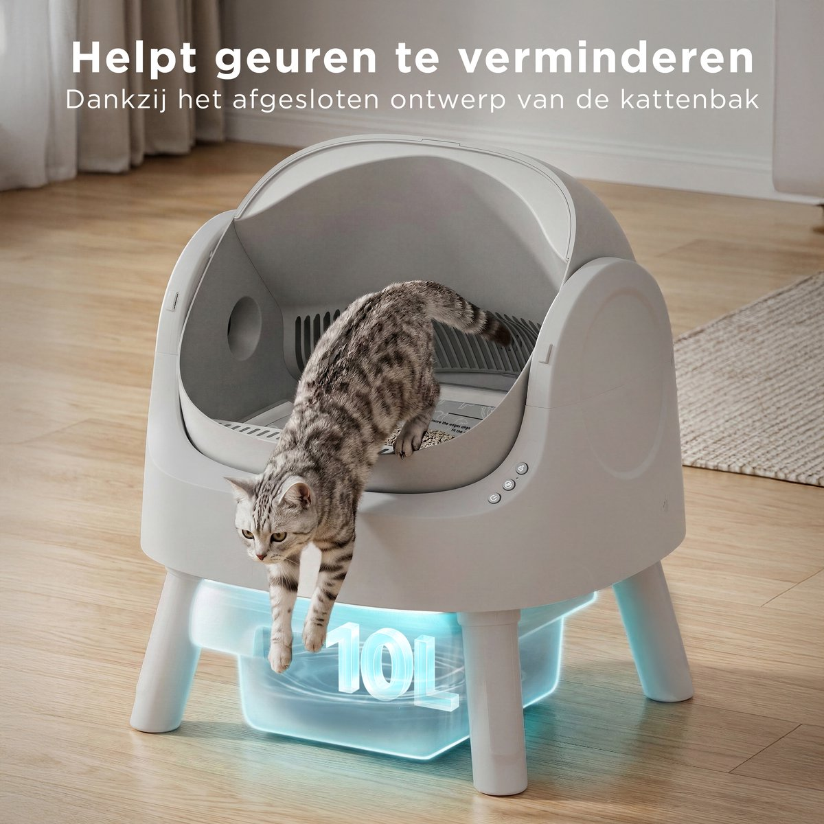 Een kat klimt uit een gesloten kattenbak met een 10L lade.
