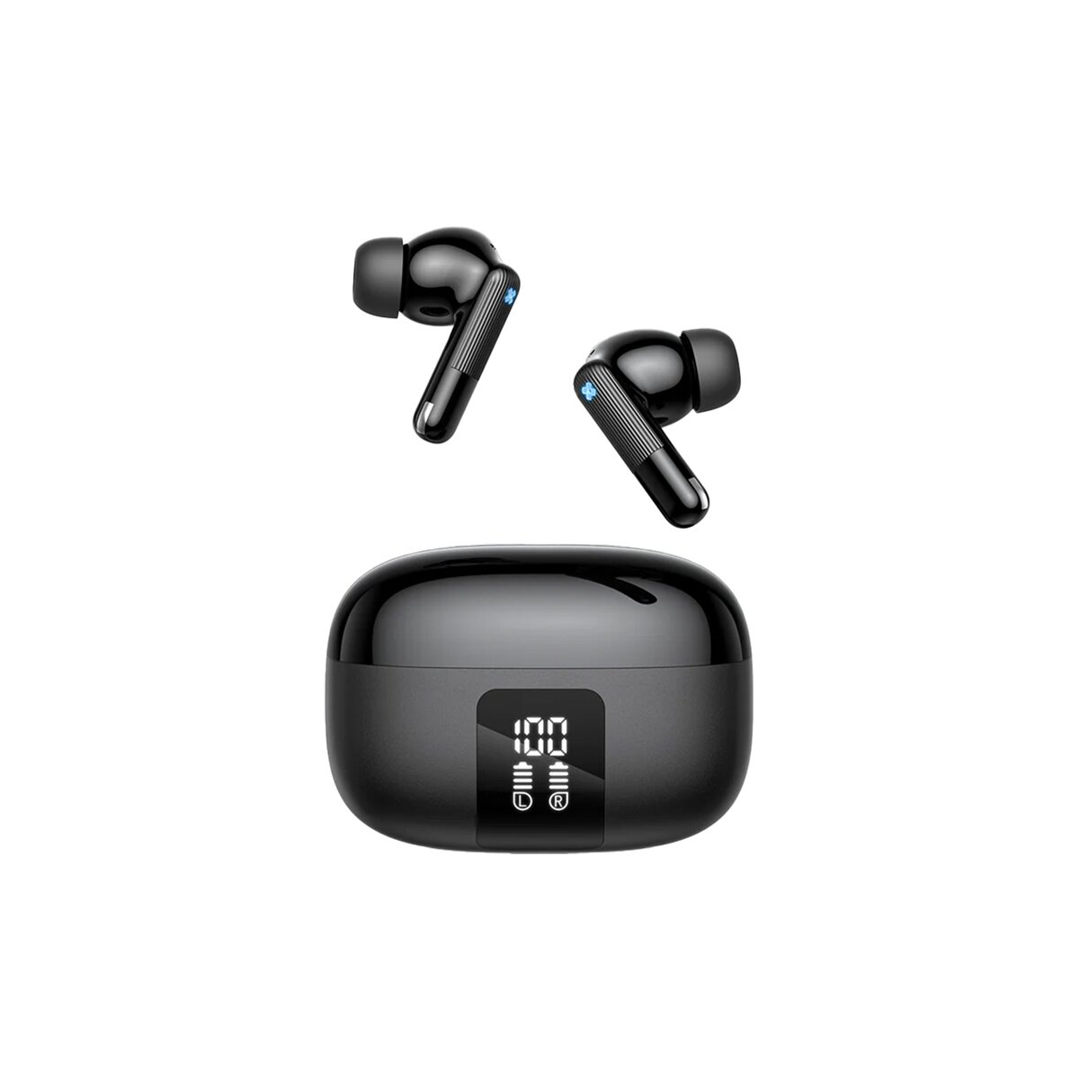 Auricolari wireless neri con custodia di ricarica e display digitale.