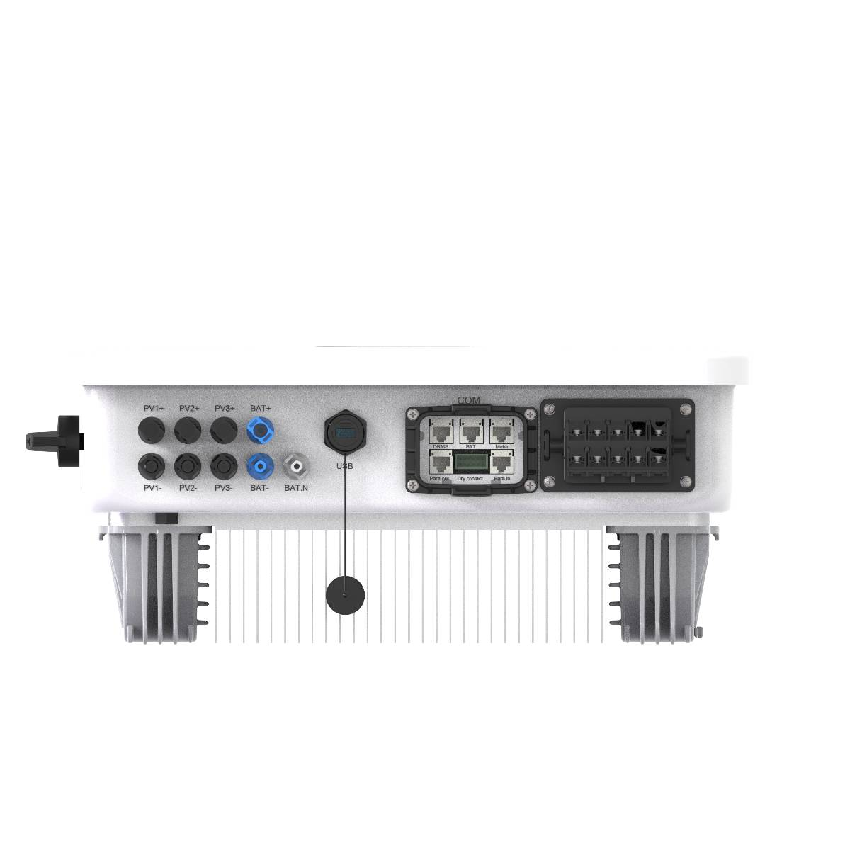 Ein silbernes Gerät mit Anschlüssen für PV, Batterie, USB und COM.